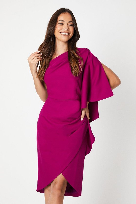 karen millen Wrap Skirt Waterfall Ruffle Midi Wedding Guest Dress magenta