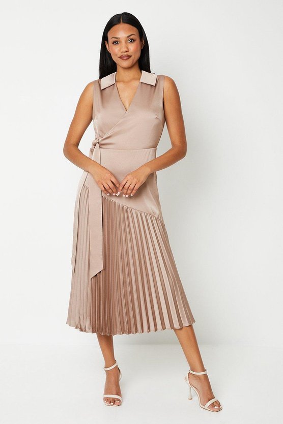 karen millen Wrap Skirt With Pleated Panel Midi Dress bronze