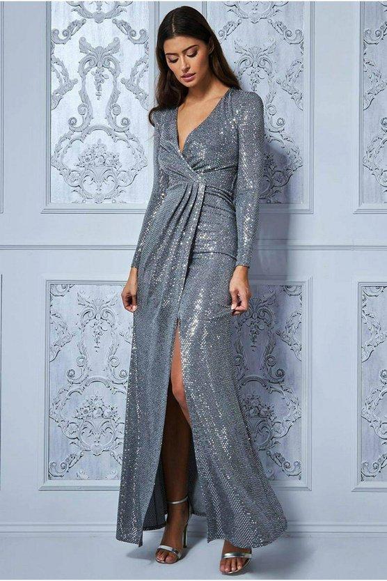 karen millen Wrap Style Front Split Metallic Maxi Dress Silver