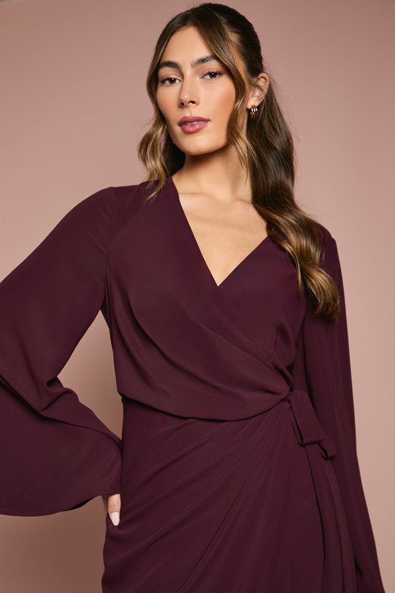 Karen Millen Wrap Waist Crepe Long Sleeve Bridesmaid Dress Fig