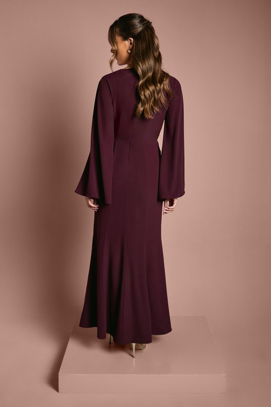 Karen Millen Wrap Waist Crepe Long Sleeve Bridesmaid Dress Fig