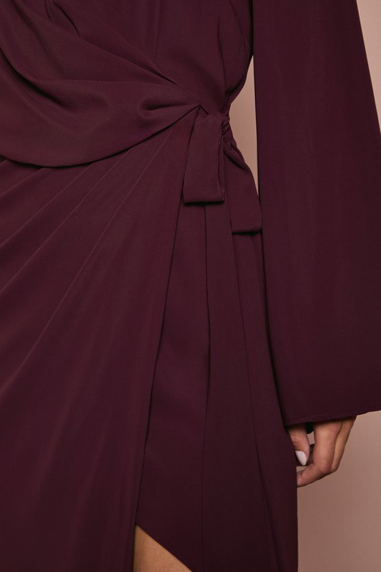 Karen Millen Wrap Waist Crepe Long Sleeve Bridesmaid Dress Fig