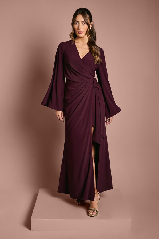 karen millen Wrap Waist Crepe Long Sleeve Bridesmaid Dress fig