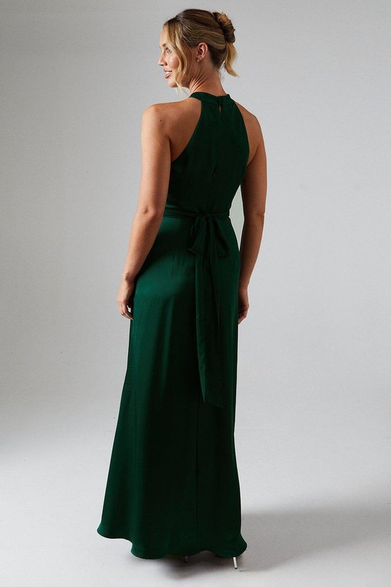 Karen Millen Wrap Waist Detail Satin Halter Neck Bridesmaid Dress Emerald