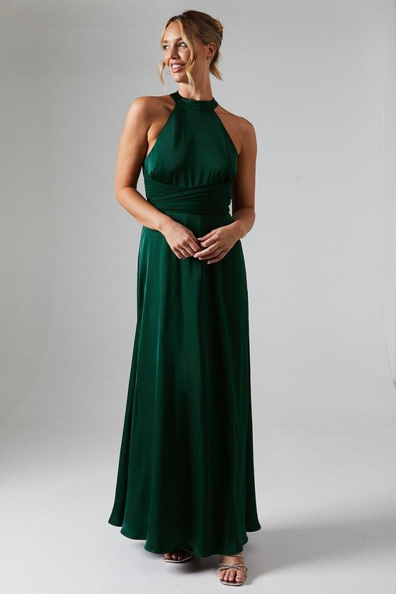 karen millen Wrap Waist Detail Satin Halter Neck Bridesmaid Dress emerald