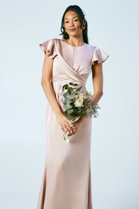 Karen Millen Wrap Waist Satin Bridesmaid Dress Mocha