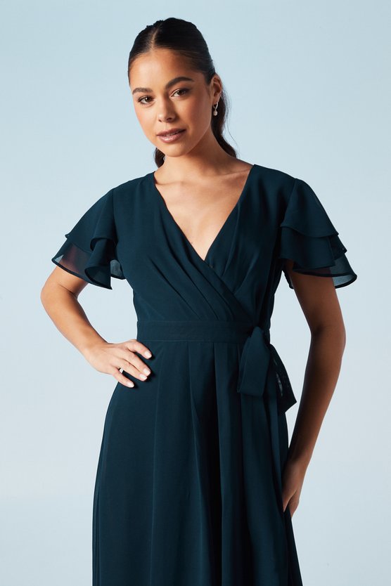 Karen Millen Wrap Waist Short Sleeve Bridesmaid Maxi Dress Navy