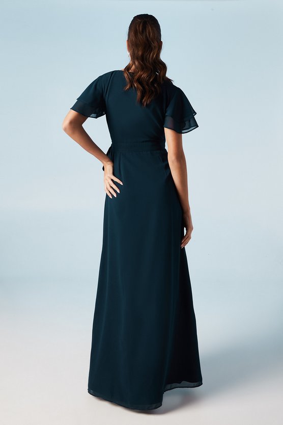Karen Millen Wrap Waist Short Sleeve Bridesmaid Maxi Dress Navy