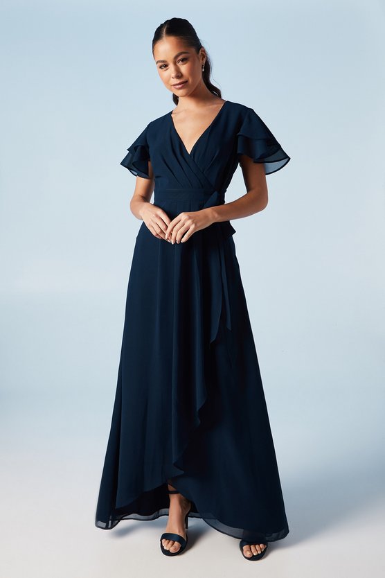 karen millen Wrap Waist Short Sleeve Bridesmaid Maxi Dress navy