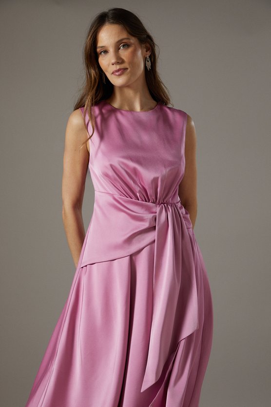 Karen Millen Wrap Waist Sleeveless Satin Dress Pink