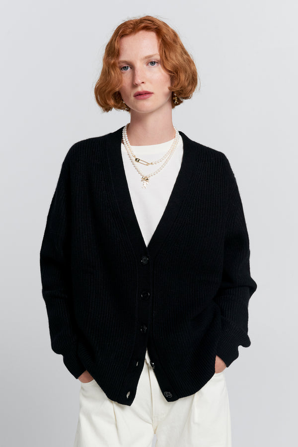 Karen Walker Bessie Cashmere Cardigan Black With Cream Stripe