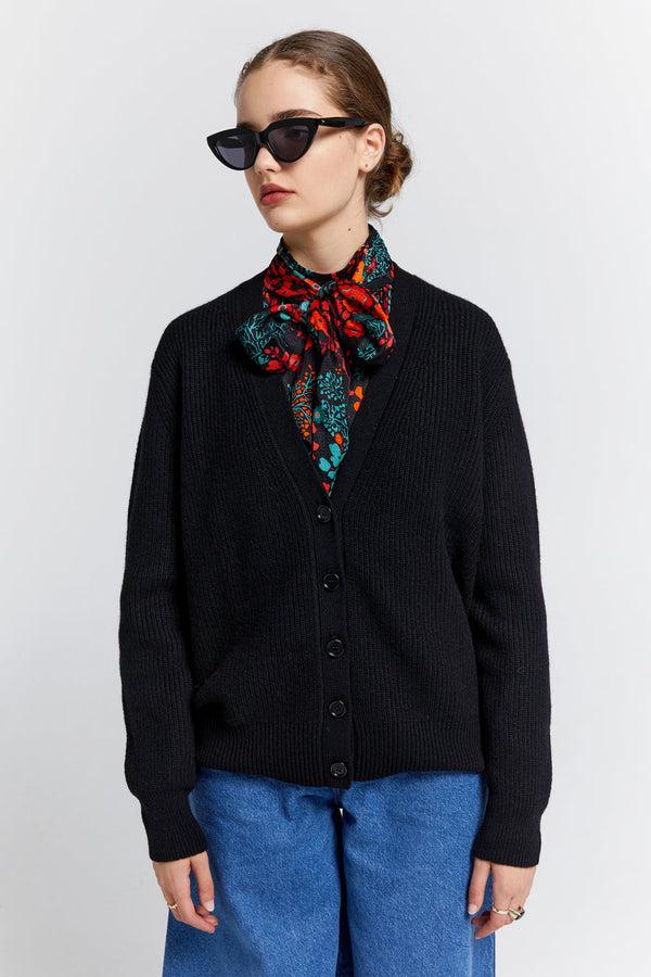 Karen Walker Bessie Cashmere Cardigan Black With Rust Stripe