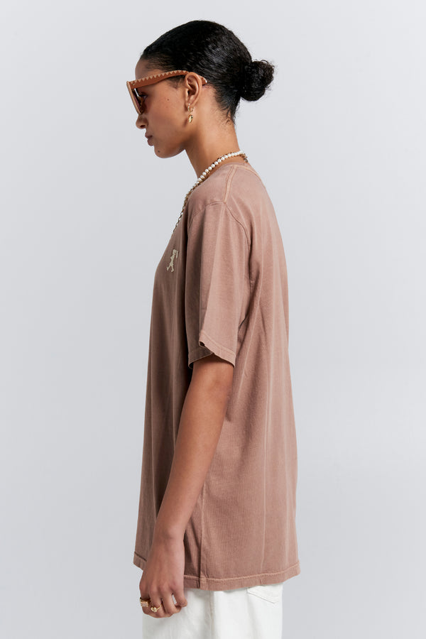 Karen Walker Embroidered Runaway Girl Classic Organic Cotton T-Shirt Taupe