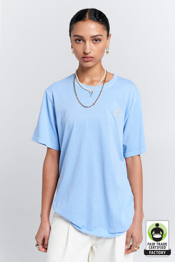 Karen Walker Embroidered Runaway Girl Classic Organic Cotton T-Shirt Blue