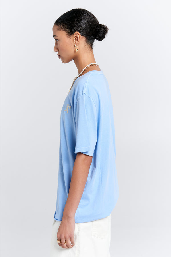 Karen Walker Embroidered Runaway Girl Classic Organic Cotton T-Shirt Blue