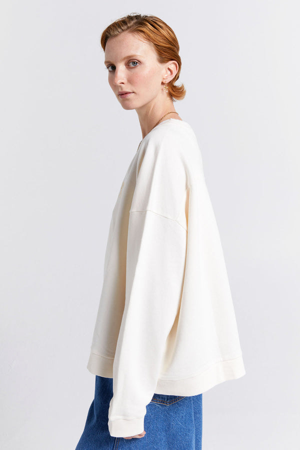 Karen Walker Embroidered Runaway Girl Organic Cotton Crewneck Sweatshirt Ecru