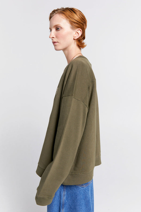 Karen Walker Embroidered Runaway Girl Organic Cotton Crewneck Sweatshirt Hunter Green