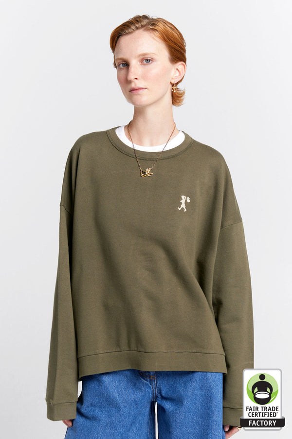 karen walker Embroidered Runaway Girl Organic Cotton Crewneck Sweatshirt Hunter Green