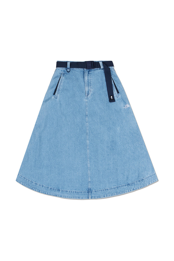 Karen Walker Flared Denim Maxi Skirt Light Indigo Denim Wash