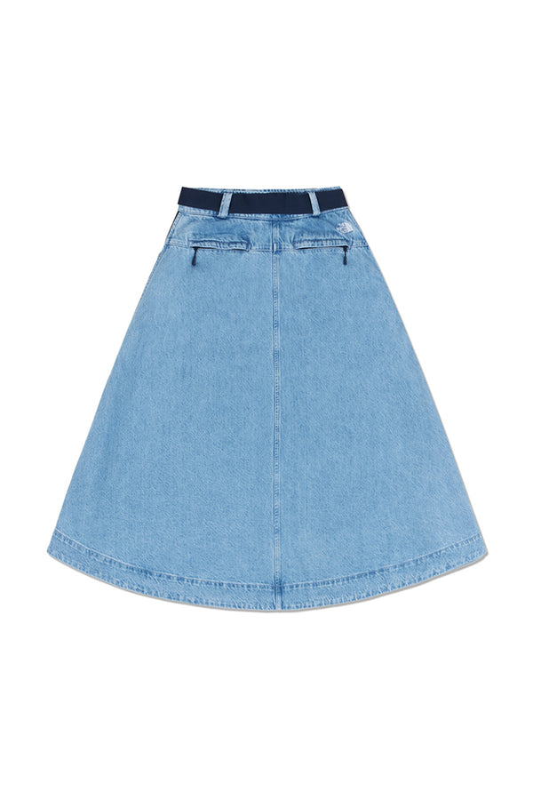 Karen Walker Flared Denim Maxi Skirt Light Indigo Denim Wash