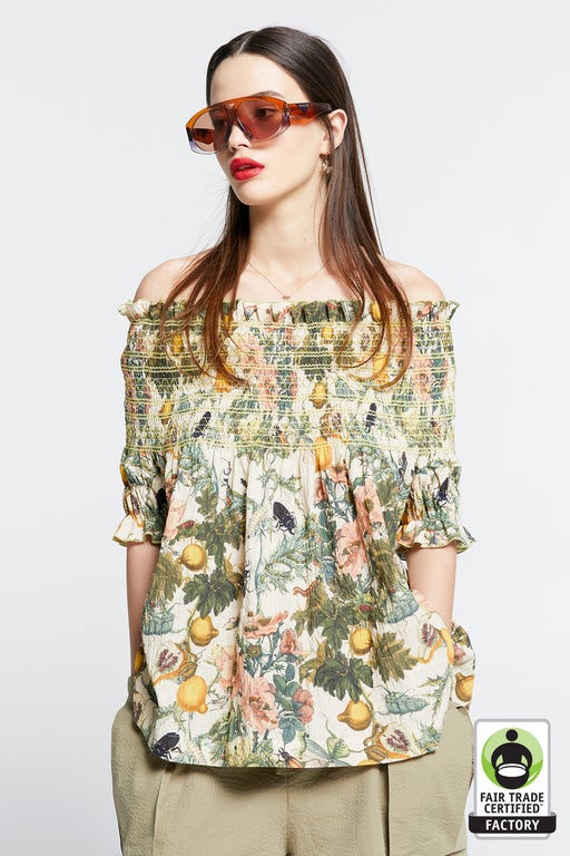 Karen Walker Gaia Smocked Blouse Macadamia Multi/Green Smocking