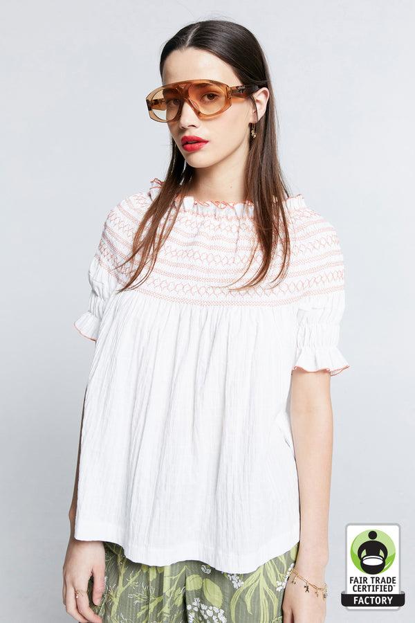 Karen Walker Gaia Smocked Blouse Off-White/Watermelon Smocking