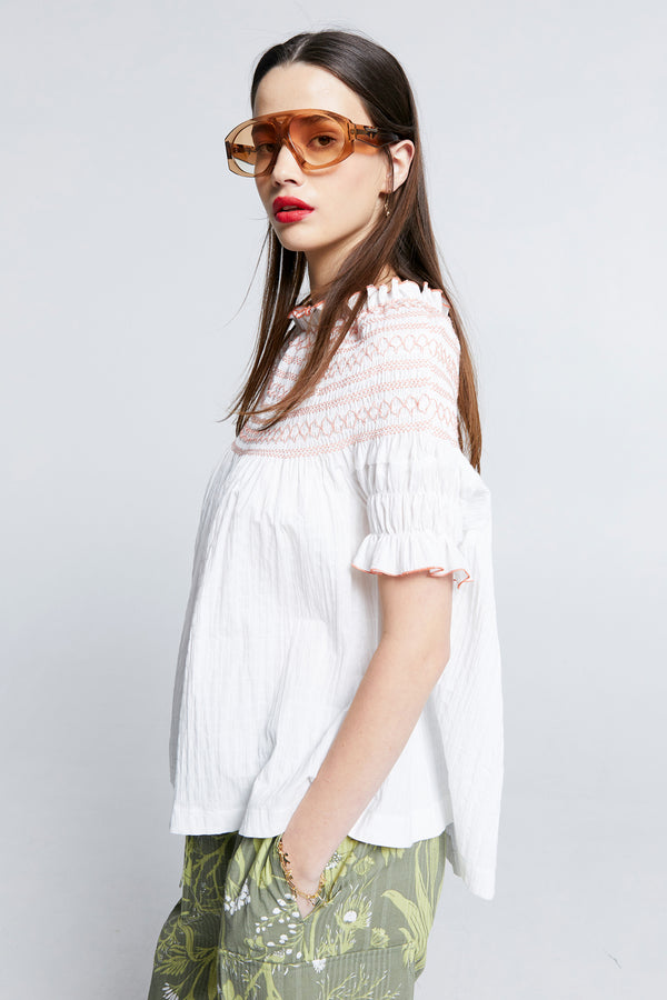 Karen Walker Gaia Smocked Blouse Off-White/Watermelon Smocking