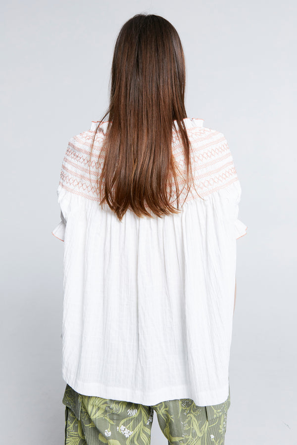Karen Walker Gaia Smocked Blouse Off-White/Watermelon Smocking
