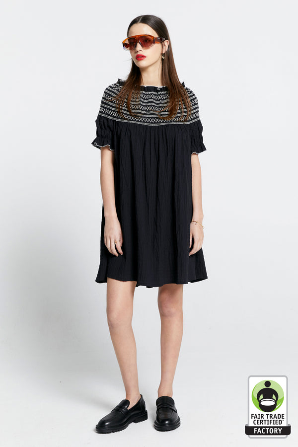 Karen Walker Gaia Smocked Mini Dress Black/Off-White Smocking