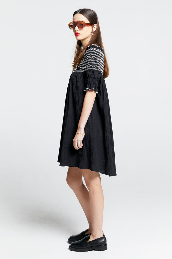 Karen Walker Gaia Smocked Mini Dress Black/Off-White Smocking