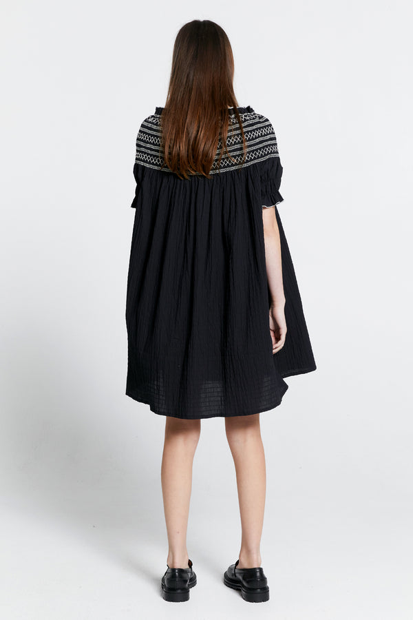 Karen Walker Gaia Smocked Mini Dress Black/Off-White Smocking