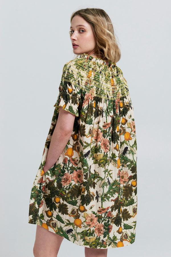 Karen Walker Gaia Smocked Mini Dress Macadamia Multi/Green Smocking