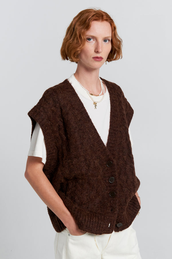 Karen Walker Cable Knit Button Up Vest Port