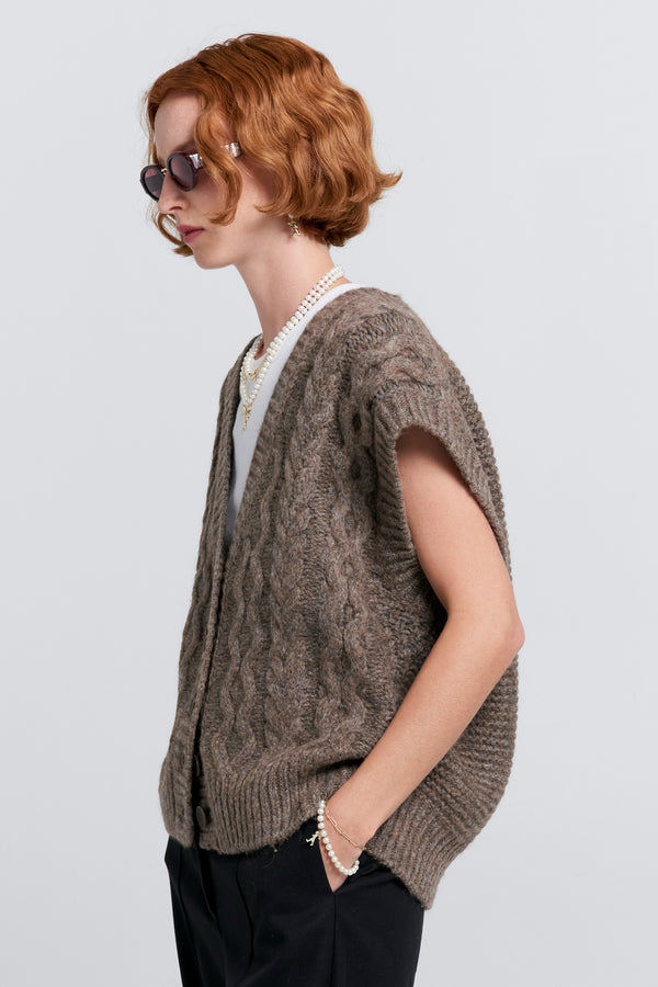Karen Walker Cable Knit Button Up Vest Walnut