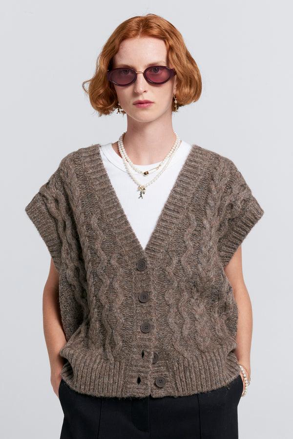karen walker Cable Knit Button Up Vest Walnut