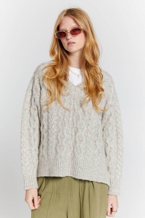 Karen Walker Cable Knit V Neck Sweater Driftwood
