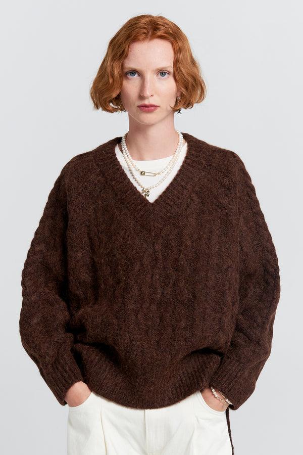 Karen Walker Cable Knit V Neck Sweater Port