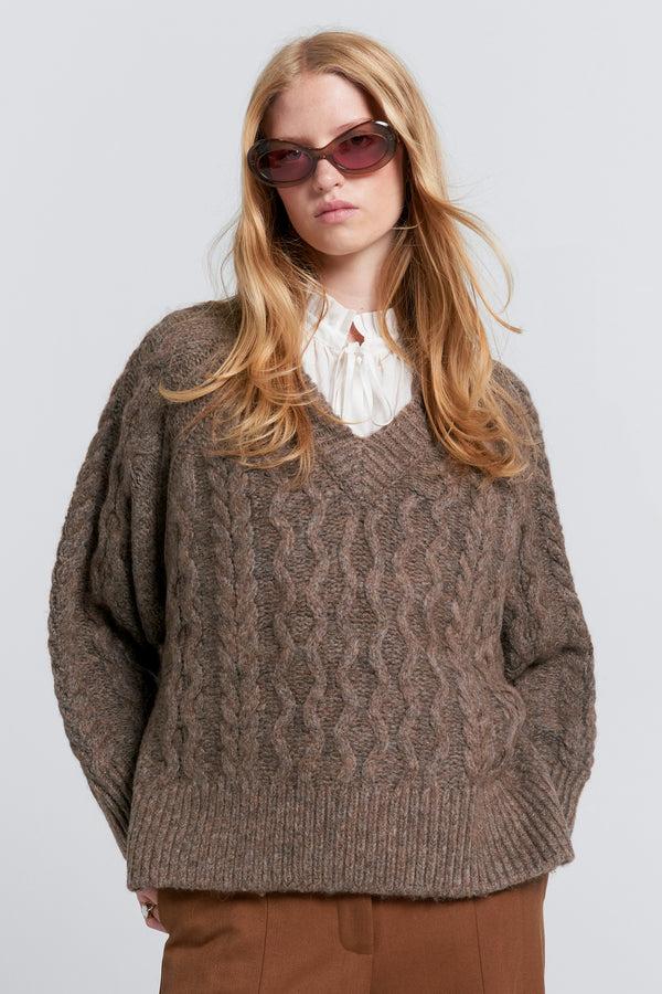 Karen Walker Cable Knit V Neck Sweater Walnut