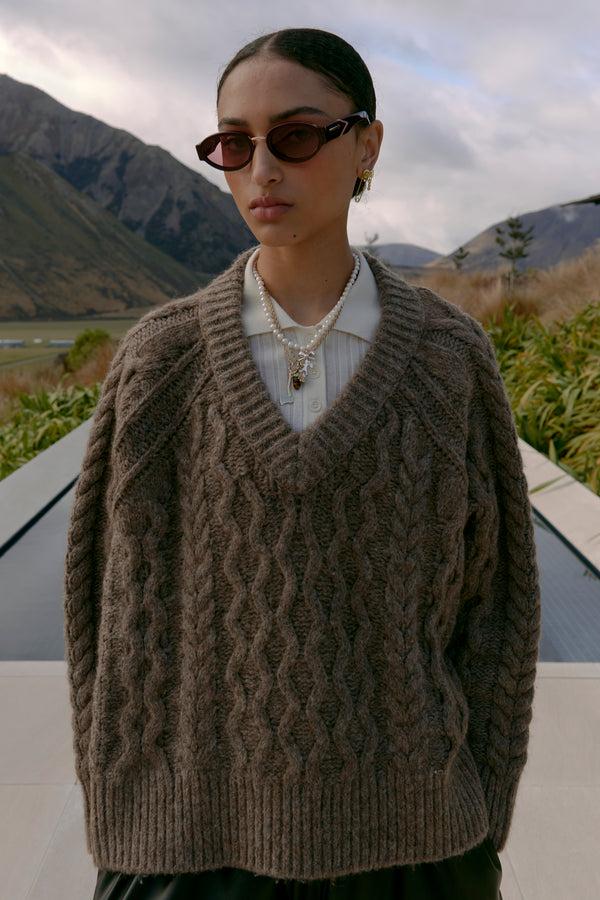karen walker Cable Knit V Neck Sweater Walnut