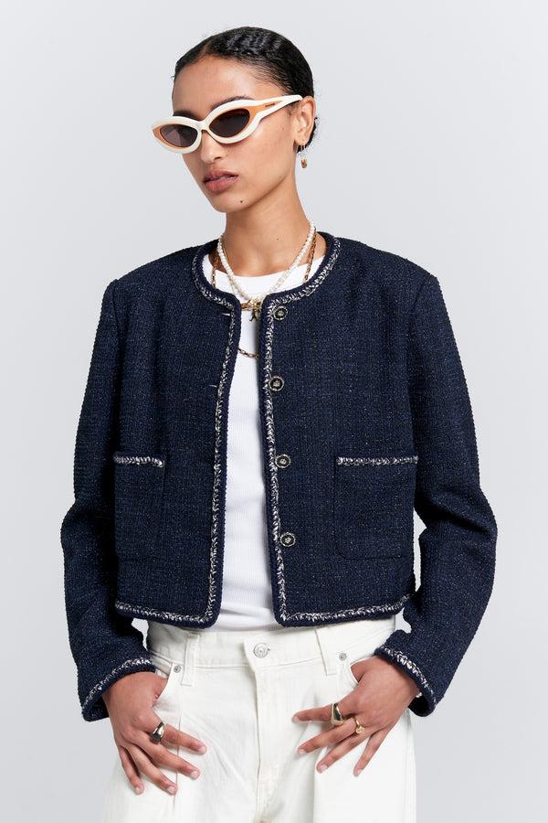 karen walker Cropped Bouclé Jacket Navy