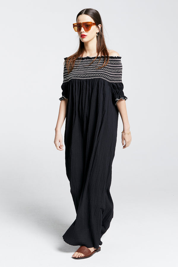 Karen Walker Gaia Smocked Dress Black/Off-White
