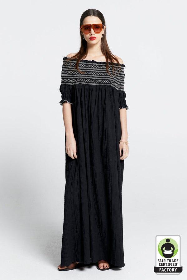 karen walker Gaia Smocked Dress Black/Off-White