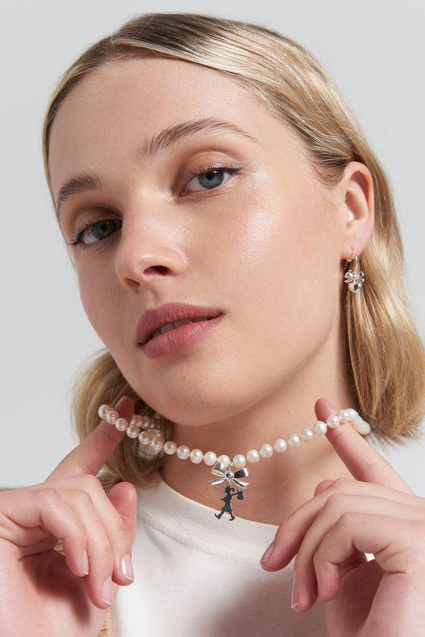 karen walker Girl with a Bow & Pearl Necklace Silver