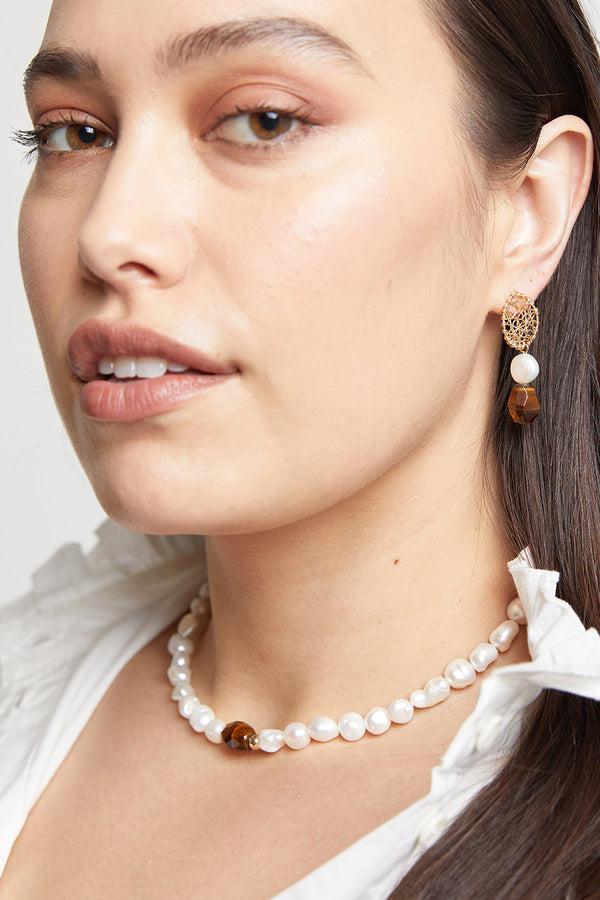 Karen Walker Large Pearl With Tiger's Eye Necklace