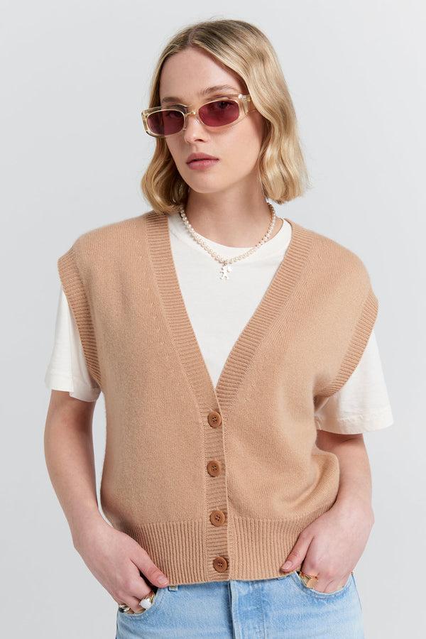 Karen Walker Mina Button Up Cashmere Vest Camel