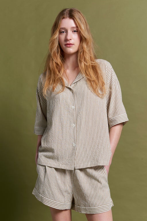 Karen Walker Seersucker Stripe Boxer PJ Set Nutria