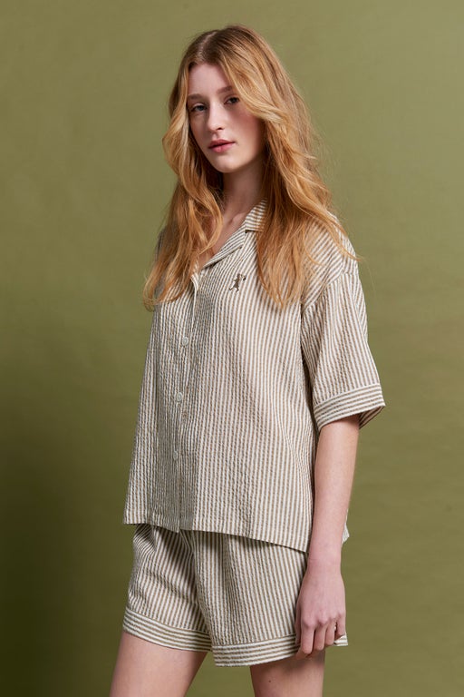 Karen Walker Seersucker Stripe Boxer PJ Set Nutria