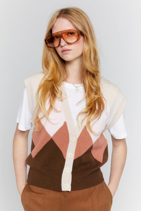Karen Walker Mina Button Up Cashmere Vest Autumn Argyle