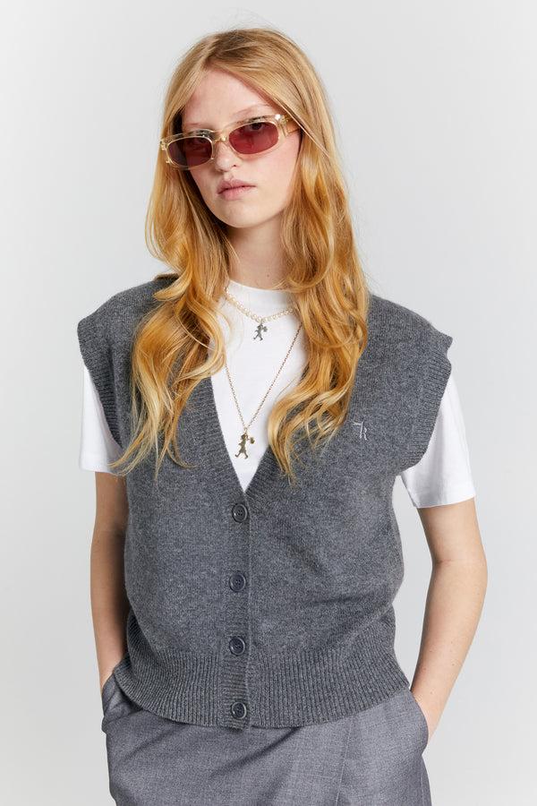 karen walker Mina Button Up Cashmere Vest Charcoal Marle
