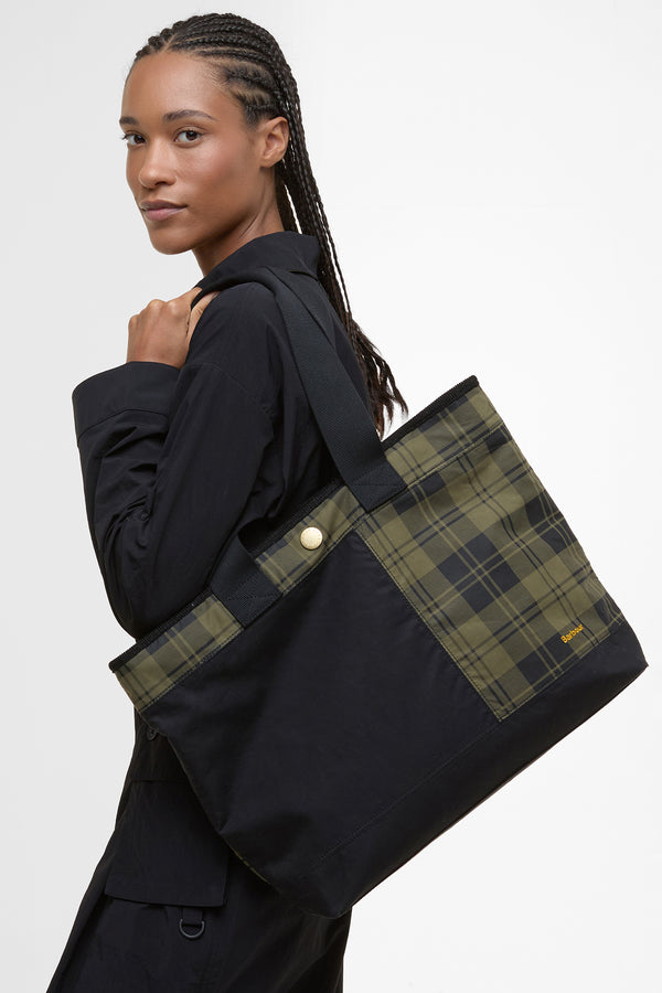 Karen Walker Mya Patchwork Tote Bag Black/Olive Check